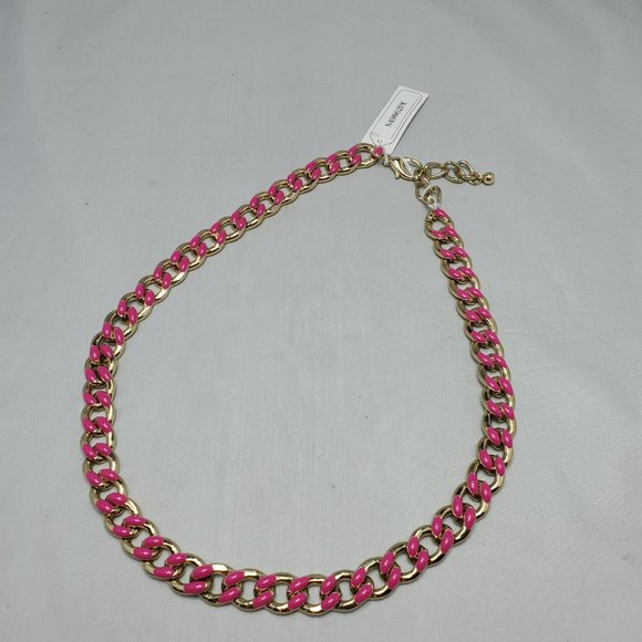 Bijou Drive Gold Link Pink Enamel Accents Chain Statement Necklace, 18" - Picture 3 of 6